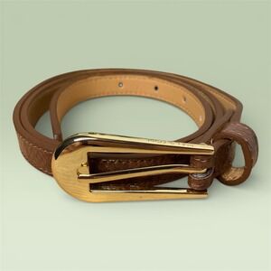 HALSTON Women's Brown Snake Embossed Leather Gold Buckle Skinny Belt Size 4